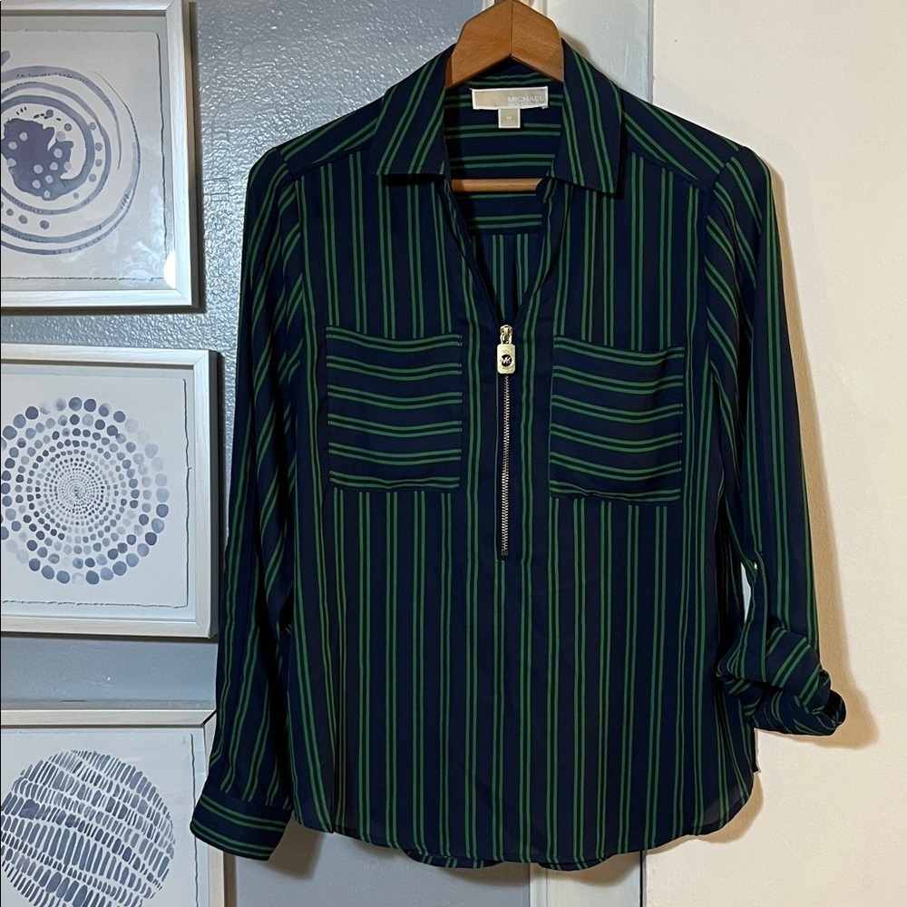 MICHAEL Michael Kors Green and Blue Striped Roll Tab Sleeve Blouse Size M